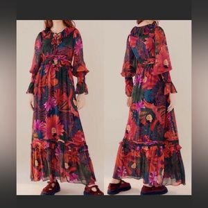 Farm Rio Bird Flowers Tiered Maxi Dress Jungle Multi Color Size S